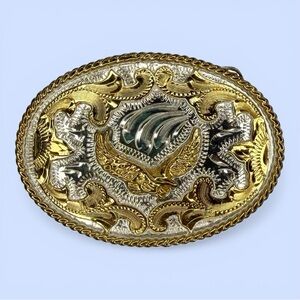 Western Style Oval Belt Buckle Gold & Silver Eagle Lasso Framing Alpaca Mexico